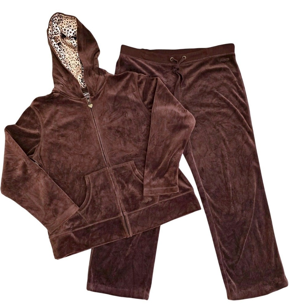 VTG‎ Y2K Three Hearts Brown Velour Tracksuit Set L Velvet Leopard Hooded Jacket